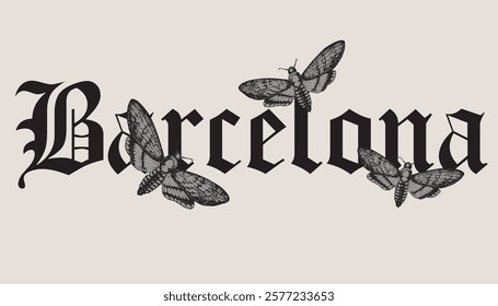 Barcelona city slogan with mothbutterfly urban design for t shirt, poster, streetwear, urban design, hoodie and other uses