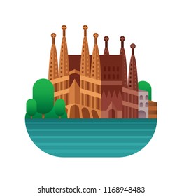 Barcelona city of Spain. Attractions neo-Gothic cathedral architect Gaudi. Vector illustration. Flat image on a white background