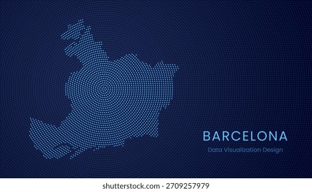 Mapa punteado estilizado de la ciudad de Barcelona en el concepto moderno de visualización de tecnología de datos circular.