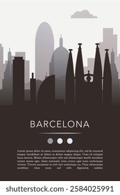 Barcelona city template for website, presentation, front page, invitation, publication sheet with skyline, landmarks. Vector Spain image layout, simple and grayscale