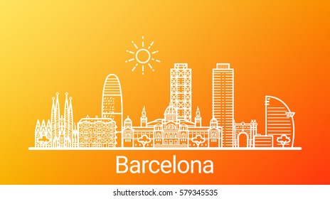 Barcelona city white line on colorful background. All Barcelona buildings - customizable objects with opacity mask, so you can simple change composition and background. Line art.