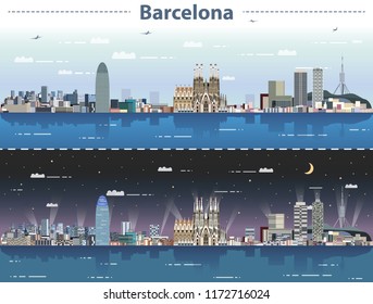 Barcelona cityscape at day and night vector illustration