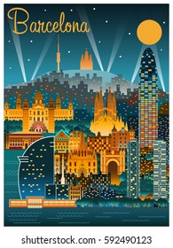 Barcelona Cityscape at night. Handmade drawing vector illustration. 