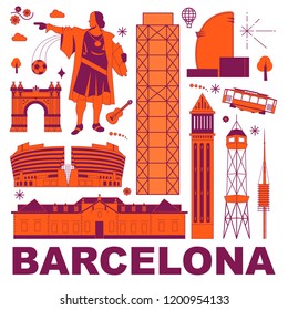 Barcelona culture travel set, famous architectures and specialties in flat design. Business travel and tourism concept clipart. Image for presentation, banner, website, advert, flyer, roadmap, icons