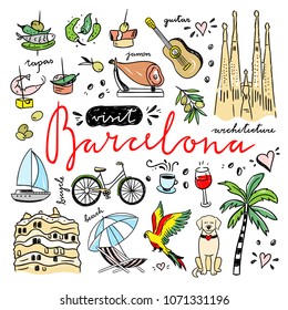 Barcelona cute icons set. Visit Spain and Catalonia hand drawn illustrations. Travel drawings for Barcelona city