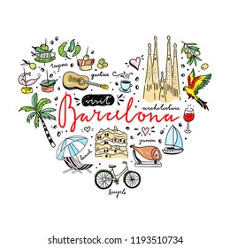 Barcelona cute illustrations in heart shape. Spain and Catalonia hand drawn travel objects