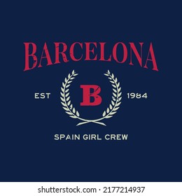 Barcelona design for t-shirt. College tee shirt print. Typography graphics for sportswear and apparel. Vector illustration.