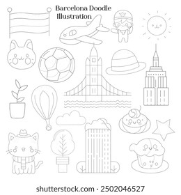 Barcelona Doodle Illustration hand-drawn elements in black and white.