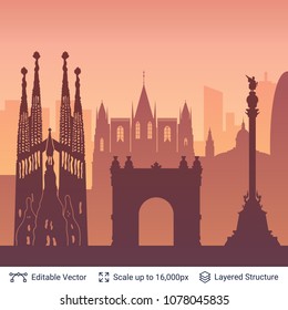 Barcelona famous city scape. Flat well known silhouettes. Vector illustration easy to edit for flyers or web banners.