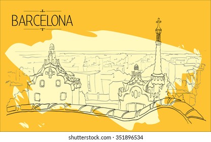 Barcelona Gaudi park illustration. Vintage illustration, hand drawn, orange colored sketch 