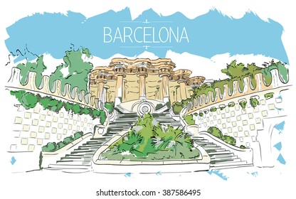 Barcelona Gaudi park illustration. Vintage illustration, hand drawn, colored sketch 