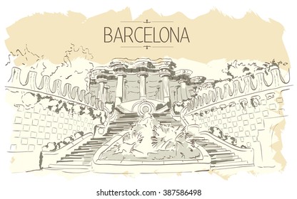 Barcelona Gaudi park illustration. Vintage illustration, hand drawn, colored sketch 