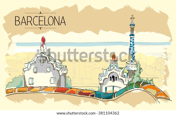 Barcelona Gaudi Park Illustration Vintage Illustration Stock Vector ...