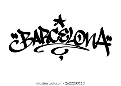 Barcelona graffiti tag in bold black ink on white background. Urban street art lettering, vibrant and dynamic city name design, perfect for branding, prints, streetwear, and digital projects.
