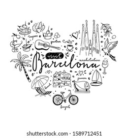 Barcelona Hand Drawn Icons And Elements On White Background. Travel Destination Spain Outline Collection. Architecture And Food Of Barcelona Sketch Set