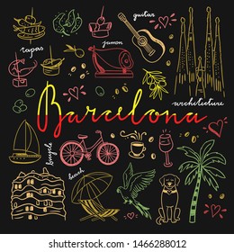 Barcelona hand drawn illustrations on black background. Travel icons for Spain. Visit Barcelona outline vector symbols