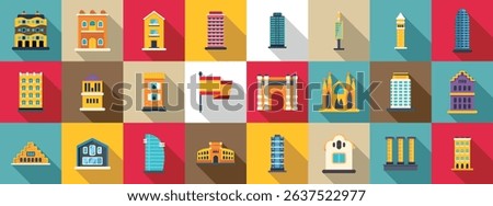  Barcelona icons set. Colorful vector icons representing famous buildings, landmarks, and the spanish flag, celebrating barcelona's unique architecture and vibrant culture
