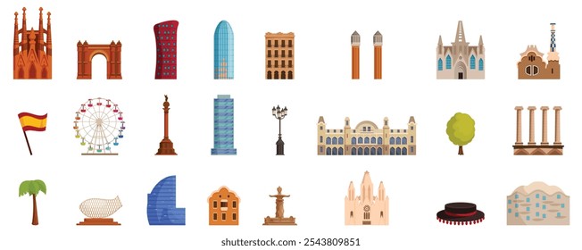 Conjunto de iconos de Barcelona. Conjunto de Lugares famosos y símbolos culturales de Barcelona que representan la rica historia y la arquitectura moderna de la ciudad