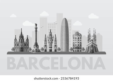 Pontos de referência de Barcelona e paisagem urbana. Histórico do horizonte da capital espanhola para cartão postal, banner, poster. Espanhol mundialmente famoso paisagens arquitetônicas. Ilustração gráfica de vetor plano em cores branco-cinza.