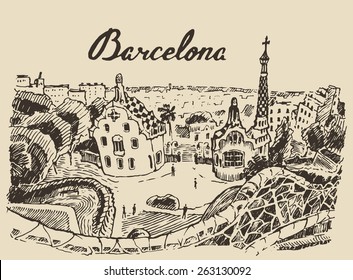 Barcelona landscape (Spain), vintage engraved illustration, hand drawn, sketch