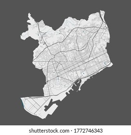 Barcelona map. Detailed vector map of Barcelona city administrative area. Poster with streets and water on grey background.
