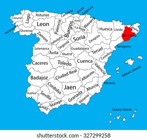 Barcelona map silhouette vector. Spain province. Spain with separated regions isolated on background. Spain autonomy areas map. Editable vector map of Spain.