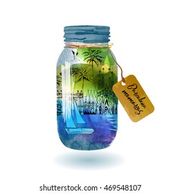 Barcelona memories. Watercolor vector illustration of glass jar with Barcelona 