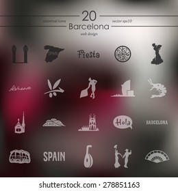 Barcelona modern icons for mobile interface on blurred background