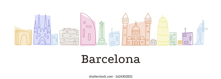 Barcelona monuments and buildings of the city. Colorful doodle style.