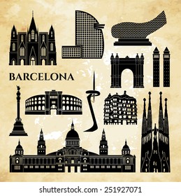 Barcelona monuments detailed silhouette. Vector illustration