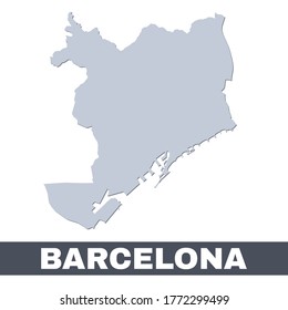 Barcelona outline map. Vector map of Barcelona city area within its borders. Grey with shadow on white background. Isolated illustration.