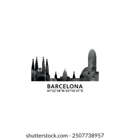 Barcelona panorama, vector badge, skyline logo and icon. Spain city horizon logotype with landmarks and building silhouettes. Isolated foggy abstract gradient graphic