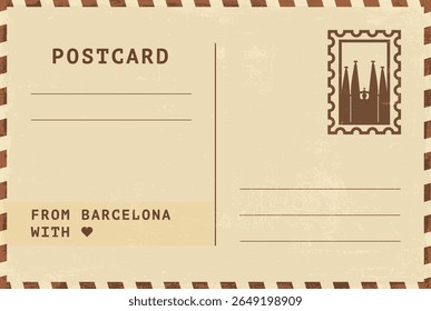 Do modelo de cartão postal de Barcelona. Ilustração de cartão postal estilo vintage grungy vetor com selo, marco, mensagem. Layout de imagem simples de saudações simples