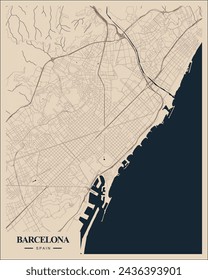 Barcelona Print, City Map Art Poster, Spain, Wall Art Decor, Minimalist Brown and Blue Navy Modern Style.