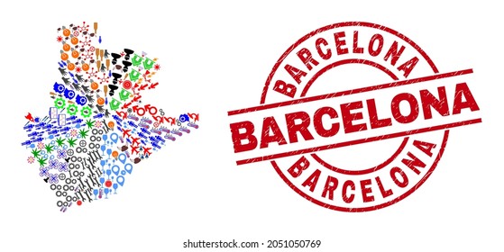 Barcelona Province map mosaic and textured Barcelona red round stamp seal. Barcelona seal uses vector lines and arcs. Barcelona Province map mosaic contains markers, houses, wrenches, bugs, stars,