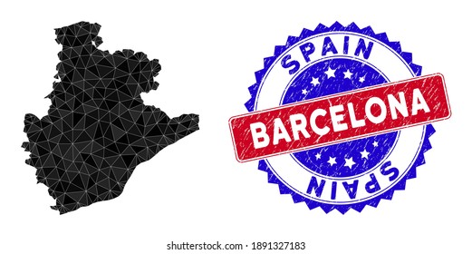 Barcelona Province map polygonal mesh with filled triangles, and scratched bicolor stamp seal. Triangle mosaic Barcelona Province map with mesh vector model, triangles have different sizes,