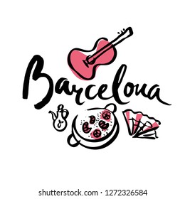 Barcelona sign and illustrations in hand drawn style. Spain and Catalonia iconic travel symbols, guitar, paella, fan, olive oil. Vector illustration for poster, post card, banner, social media