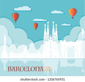 Barcelona silhouette, vector skyline illustration, clouds, Sagrada Familia, collage icon, city panorama river