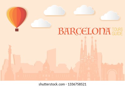 Barcelona silhouette, vector skyline paper cut illustration, clouds, Sagrada Familia, collage icon, city panorama river