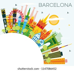 Barcelona Skyline with Color Buildings, Blue Sky and Copy Space. Vector Illustration. Business Travel and Tourism Concept with Historic Architecture. Barcelona Cityscape with Landmarks.