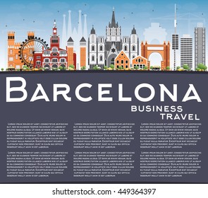 Barcelona Skyline with Color Buildings, Blue Sky and Reflections. Vector Illustration. Business Travel and Tourism Concept with Historic Buildings. Image for Presentation Banner Placard and Web Site.