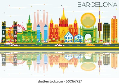 Barcelona Skyline with Color Buildings, Blue Sky and Reflections. Vector Illustration. Business Travel and Tourism Concept with Historic Buildings. Image for Presentation Banner Placard and Web Site.