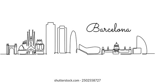 Barcelona skyline continuous line drawing. Depicts the cityscape of one of Spain’s major cities with its notable architecture in a modern, linear design.