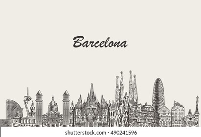 Barcelona skyline detailed silhouette. Hand drawn vector illustration