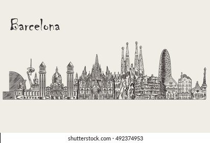 Barcelona skyline detailed silhouette. Hand drawn vector illustration