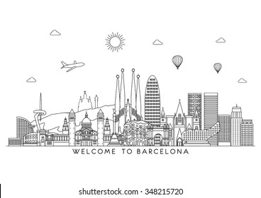 Barcelona skyline detailed silhouette. Vector background. line illustration