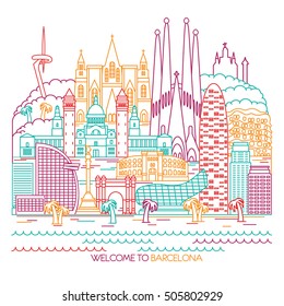 Barcelona skyline detailed silhouette. Vector line illustration. Travel and tourism background