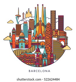 Barcelona skyline detailed silhouette. Vector background. line illustration