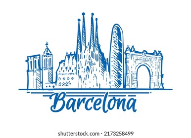 Barcelona skyline, hand drawn landscape 