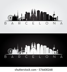 Barcelona skyline and landmarks silhouette, black and white design, vector illustration.